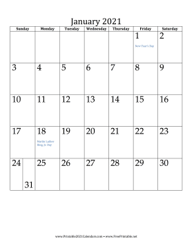 January 2021 Calendar (vertical) Calendar