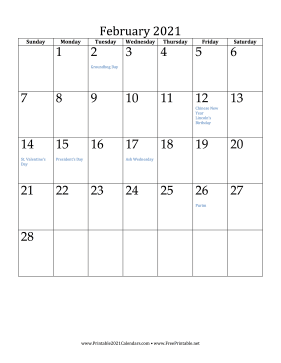 February 2021 Calendar (vertical) Calendar