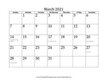 March 2021 Calendar Calendar