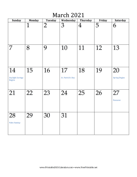 March 2021 Calendar (vertical) Calendar