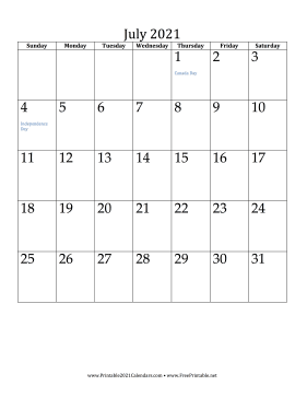 Printable July 2021 Calendar Vertical