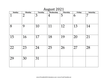 August 2021 Calendar Calendar