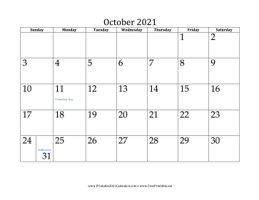 October 2021 Calendar Calendar