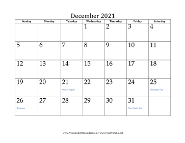 December 2021 Calendar Calendar