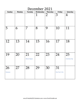 December 2021 Calendar (vertical) Calendar