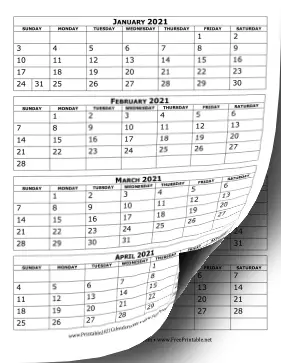 2021 Calendar Four Months Per Page Calendar