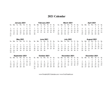 2021 Calendar One Page Horizontal Calendar