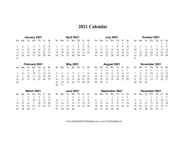 2021 Calendar One Page Horizontal Descending Holidays In Red Calendar