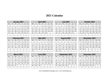 2021 Calendar One Page Horizontal Grid Descending Monday Start Calendar
