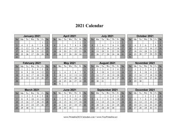 2021 Calendar One Page Horizontal Grid Descending Shaded Weekends Calendar