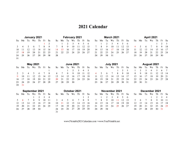 Printable 2021 Calendar One Page Horizontal Holidays In Red
