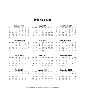 2021 Calendar One Page Vertical Descending Holidays in Red Calendar