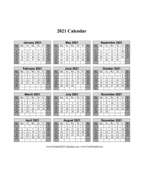 2021 Calendar One Page Vertical Grid Descending Shaded Weekends Calendar