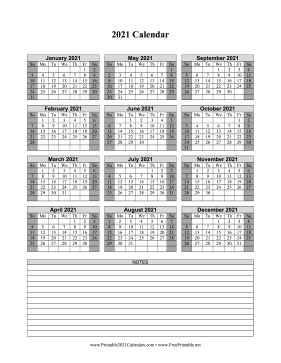 2021 Calendar One Page Vertical Grid Descending Shaded Weekends Notes Calendar