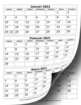 2021 Calendar Three Months Per Page Calendar