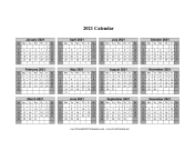 2021 Calendar One Page Horizontal Grid Descending Shaded Weekends calendar