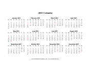 2021 on one page (horizontal holidays in red)