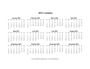 2021 Calendar One Page Horizontal Holidays In Red calendar