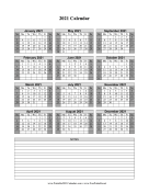 2021 Calendar One Page Vertical Grid Descending Shaded Weekends Notes calendar