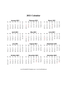 2021 on one page (vertical holidays in red)